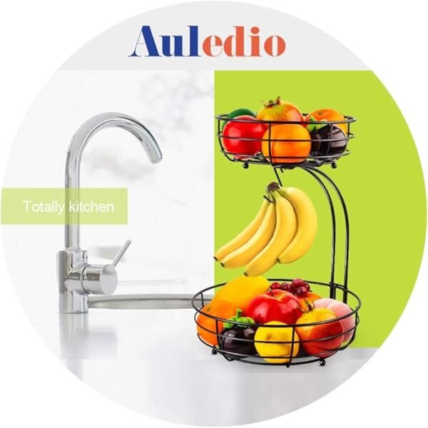 Auledio 2-Tier Fruit Basket with Banana Hanger – Black, 64 oz