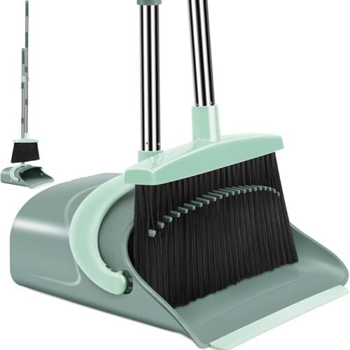 Broom and Dustpan Set with Long Handle – Gray & Green