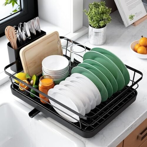 Kitsure Stainless Steel Dish Drying Rack with Cutlery Holder – Black