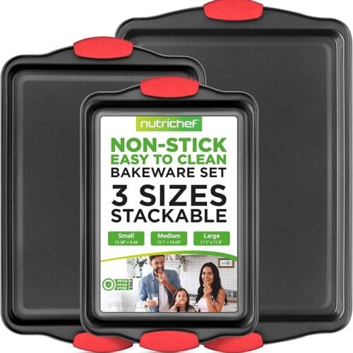 NutriChef 3-Piece Nonstick Baking Pans – Red Handles