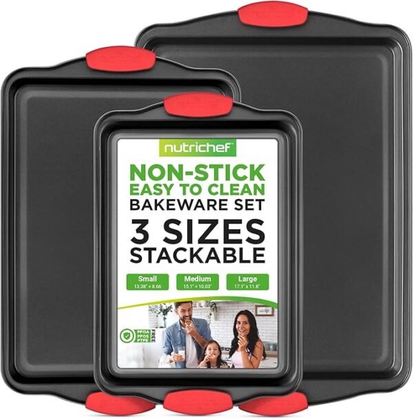 NutriChef 3-Piece Nonstick Baking Pans – Red Handles